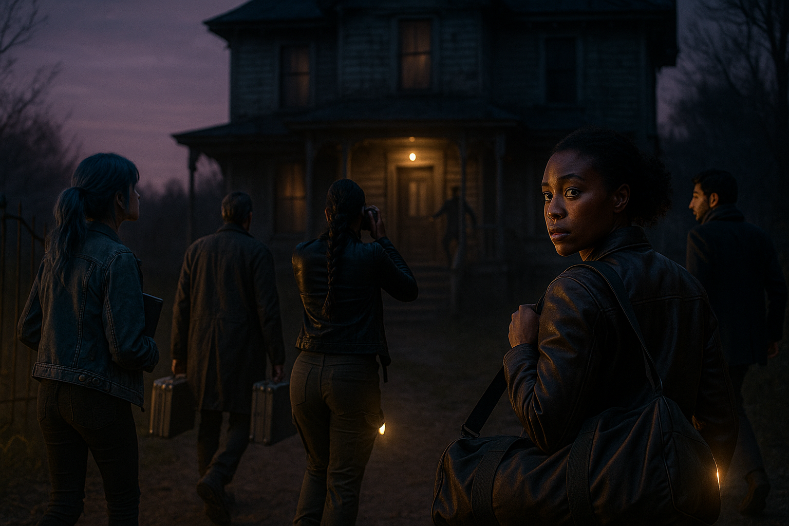 Group of people arriving at a mysterious house at dusk