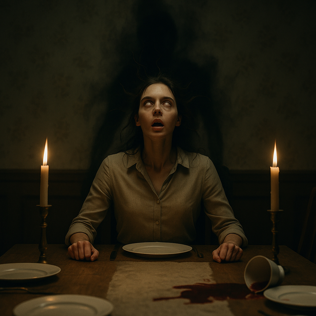 A woman at a séance table with candles, looking upward in supernatural awe