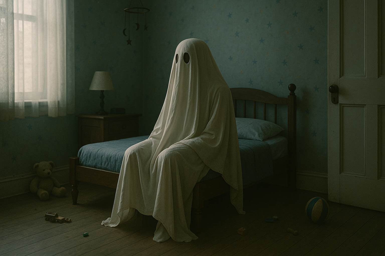 A sheet ghost sitting on a bed in a vintage room