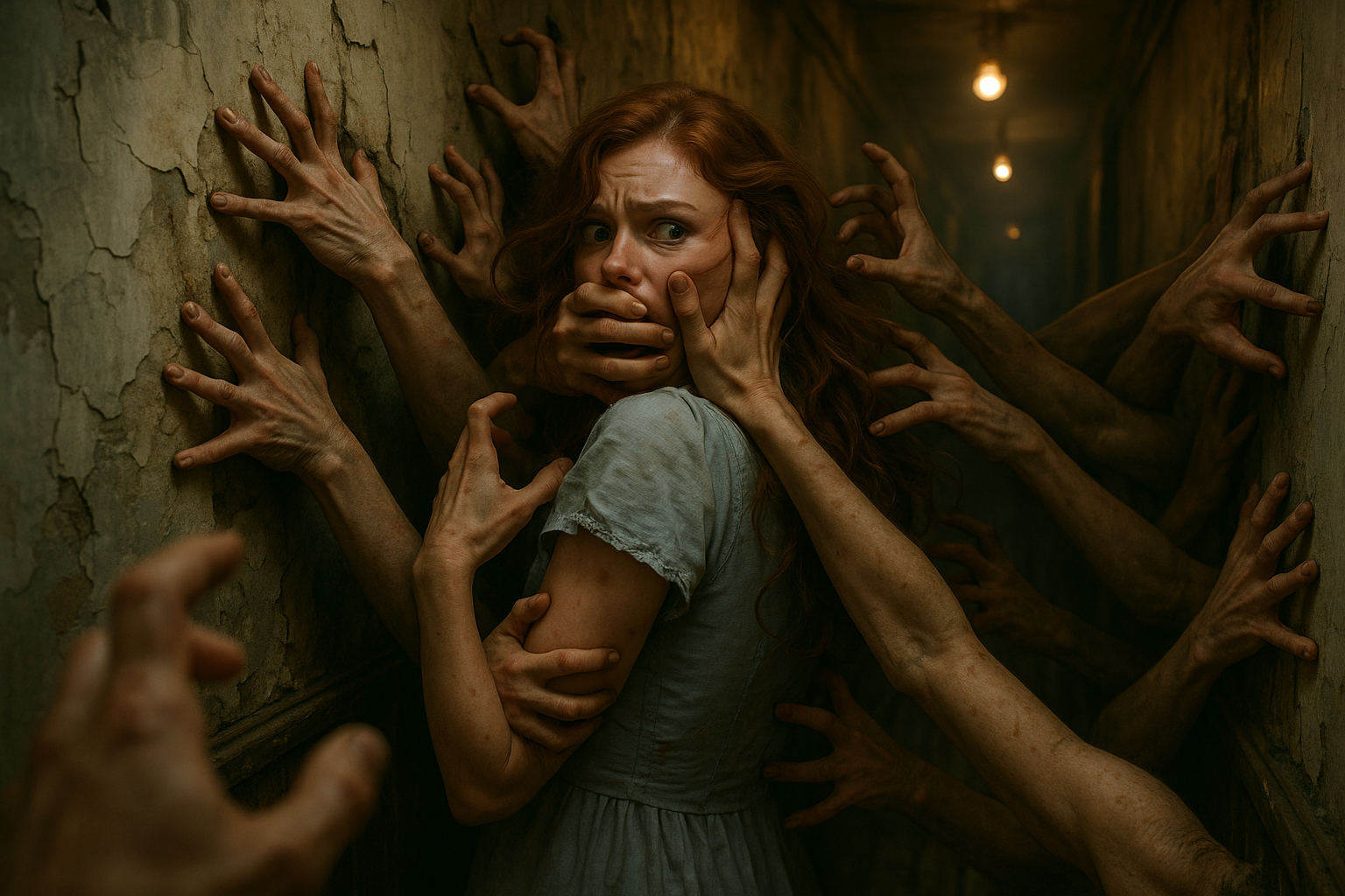 Mysterious hands reaching in a hallway.